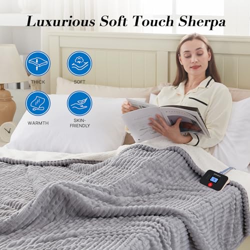 Westinghouse Full Heated Blanket 72x84 Inch Flannel Sherpa Light Grey