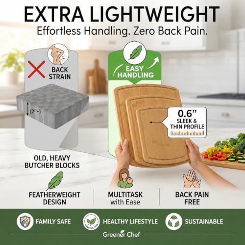 Greener Chef Extra Large Bamboo Cutting Board Set of 3 with Glue-Free Round Surfaces – Spacious, Non-Toxic Kitchen Chopping Boards