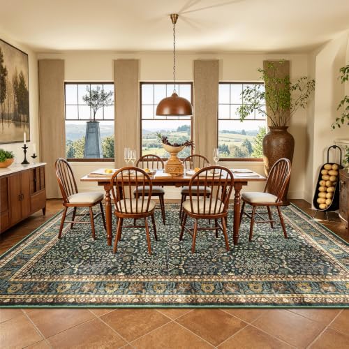Dark Green 9x12 Washable Area Rug for Living Room Non-Slip Boho Carpet