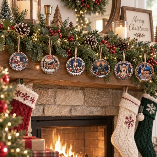 12 Pcs Wooden Snow Scenery Christmas Ornaments, 2.7 Inch Farmhouse Wood Hanging Decor (Mix/12 Pcs)