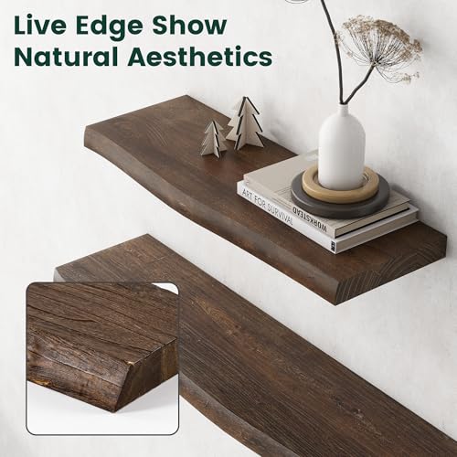 Walnut Live Edge Floating Shelves Set of 2 - 24 Inch Solid Elm Wall Shelves
