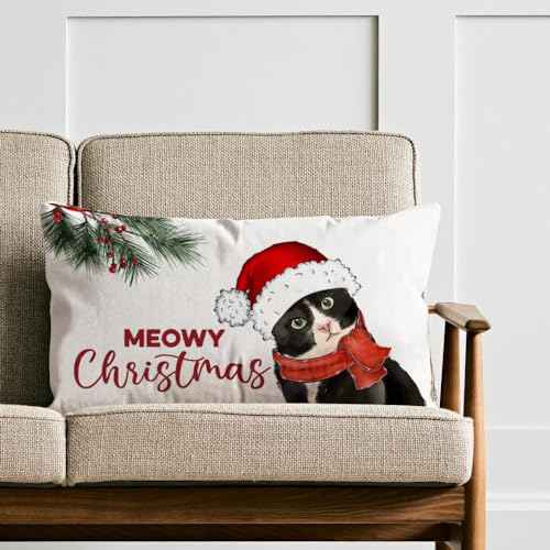 AOFANGGO Christmas Pillow Cover 12x20 inch Cat with Hat Meowy Xmas Throw Pillow Winter Holiday Decorations Farmhouse Rustic Cushion Cover for Bed Chair Sofa Couch Rectangle