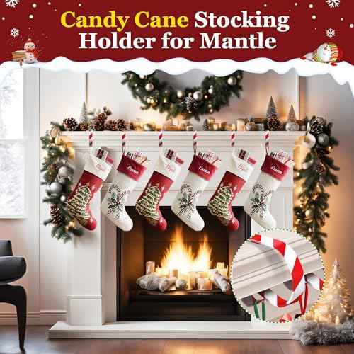 Loncaster Christmas Stocking Holders for Mantle Set of 6, Adjustable Candy Cane Stocking Holder for Mantle, Non-Slip Lightweight Xmas Hangers for Christmas Decorations(Red & White)