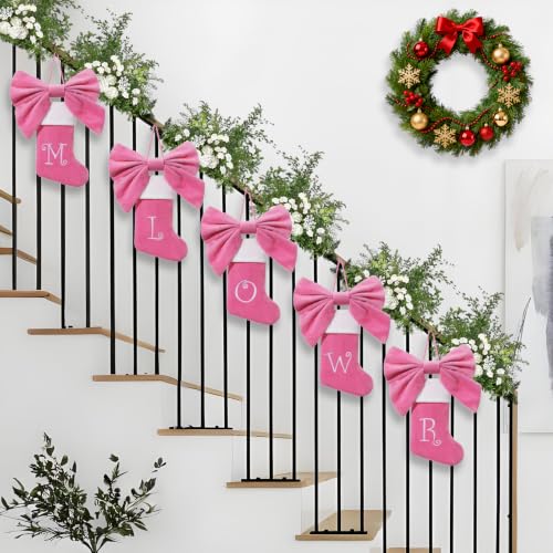 Siriphum Mini Pink Velvet Christmas Stocking with Embroidered Monogram & Bow - Pink/H