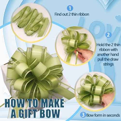 FQTANJU 5 PCS 6 Inch Large Pull Bows, Bean Green, Organza, Wedding, Birthday, Christmas, Valentine's Day, Special Occasions