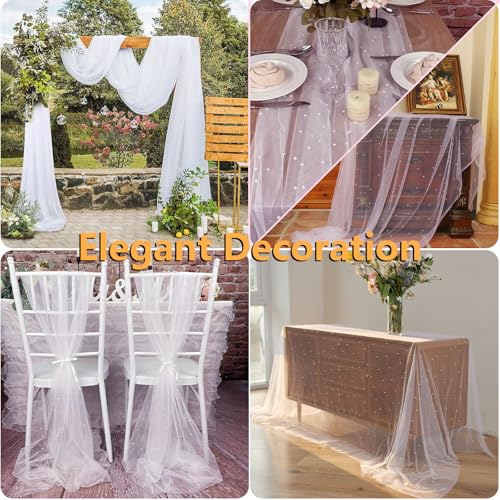10 FT White Pearl Table Runner Tulle Fabric Lace Table Runners for Bridal Shower Birthday Party Wedding Arch Veil Dessert Table Decorations 29.5x120 Inches
