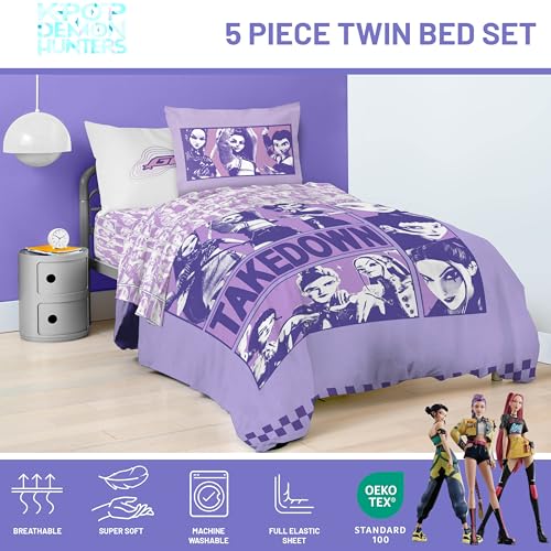 KPOP Demon Hunters Twin Comforter Set 5 Piece Kids Bedding Purple - Officially Licensed