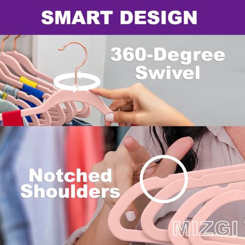 MIZGI Velvet Hangers 50 Pack Non-Slip Heavy Duty Blush Pink Rose Gold Hooks - Space Saving Closet Organizer