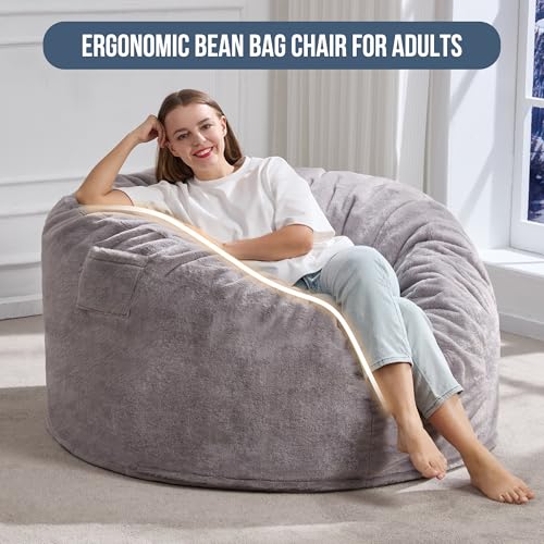 Large Grey Bean Bag Chair Lounger with Plush Cover & Removable Washable Cover - 4FT