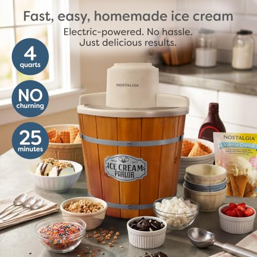 Electric Ice Cream Maker - 4 Qt Vintage Wooden Style Frozen Dessert Machine - Light Wood