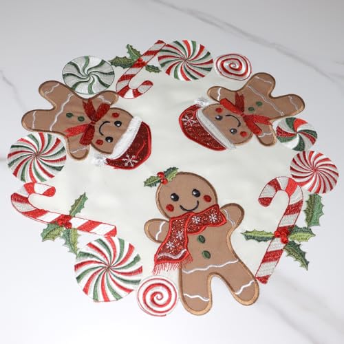 Gingerbread Placemats Set of 4 15in Round Embroidered Christmas Runners - Tenerdy