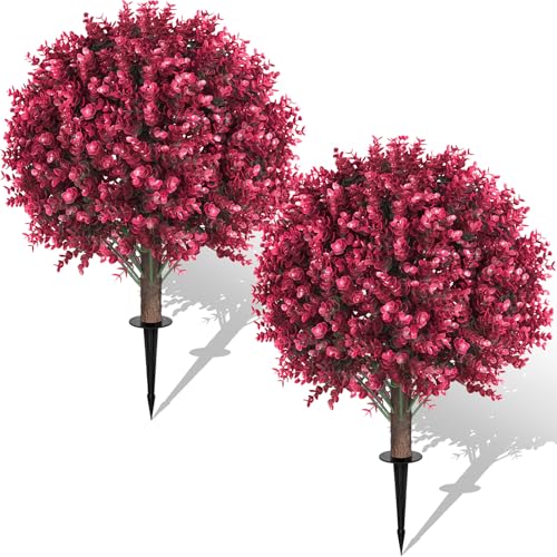 Artificial Eucalyptus Tree 24" with Rose Topiary Ball Bush - Outdoor Indoor Decor
