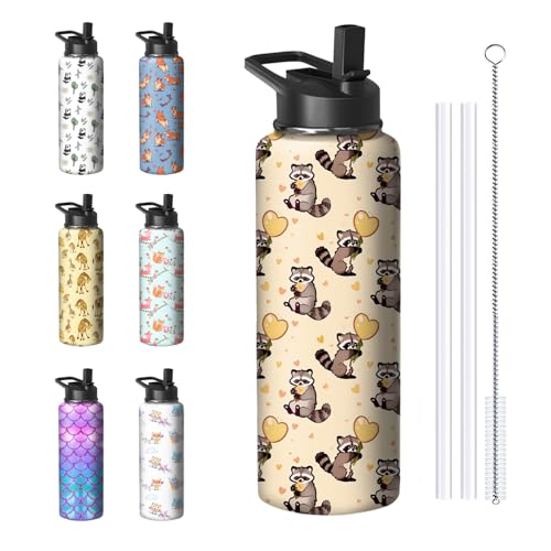 40oz Raccoon Stainless Steel Water Bottle with Handle, Flip Straw – Insulated Travel Mug (Stunnoosy)