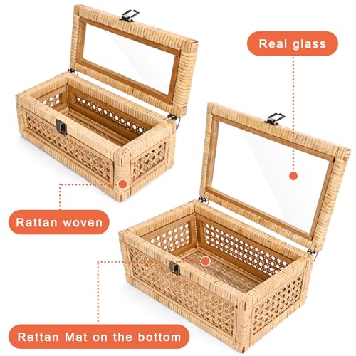 Natural Rattan Decorative Storage Box with Glass Lid Set of 2 - 12.2" x 7" x 5.1"