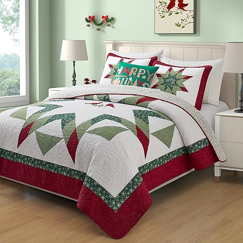 King Size Christmas Quilt Bedding Set 106x96 Cotton 3-Piece White Red Green