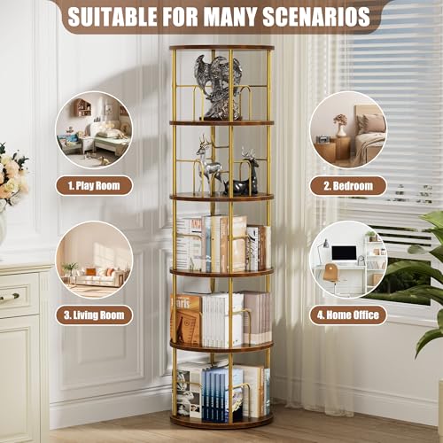 Flycity 5-Tier Rotating Corner Bookshelf - Gold, 360° Spinning Narrow Bookcase