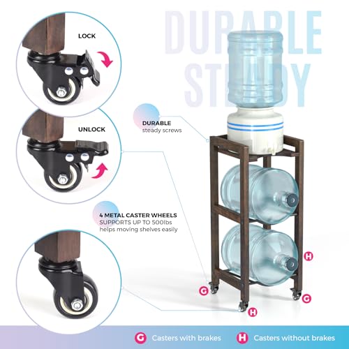 Walnut 3-Tier Water Jug Holder with Wheels & Adjustable Feet - Space-Saving Hardwood Stand