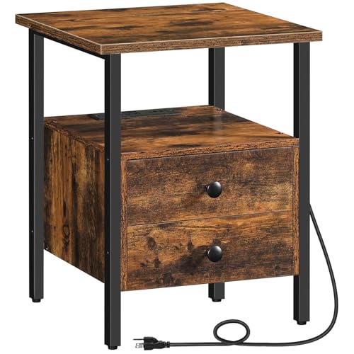 HOOBRO End Table with Charging Station - Rustic Brown & Black Bedside Table with Drawers
