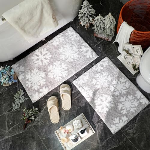 Dunzy Snowflake Bath Mat Set - Non-Slip Water Absorbent Rug for Bathroom, Gray, 2 Sizes