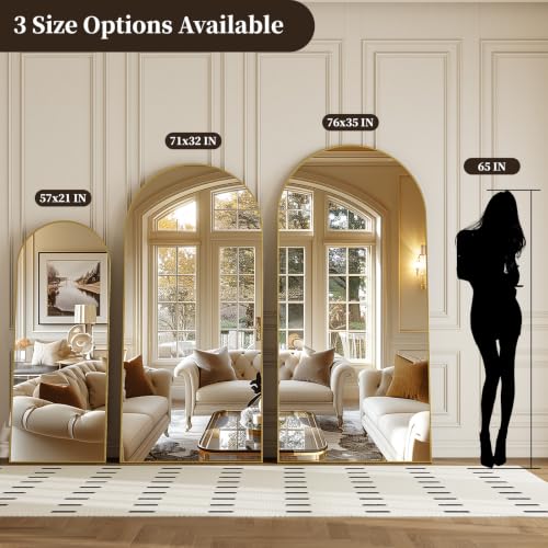 Gold Arched Full Length Floor Mirror 57x21 inch with Stand - Brushed Aluminum Frame, Shatterproof Glass, Full Body Reflection