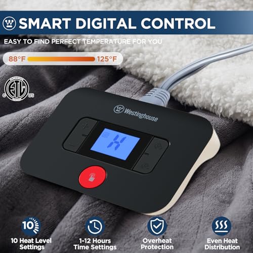 Westinghouse Electric Heated Blanket Twin 62x84 Charcoal ETL Certified