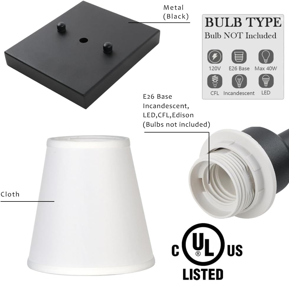 Pathson Set of 2 Hardwired Bathroom Wall Sconces with White Fabric Shade, Cloth Wall Mounted Lighting for Living Room Bedroom Hallway Matte Black Finish Base