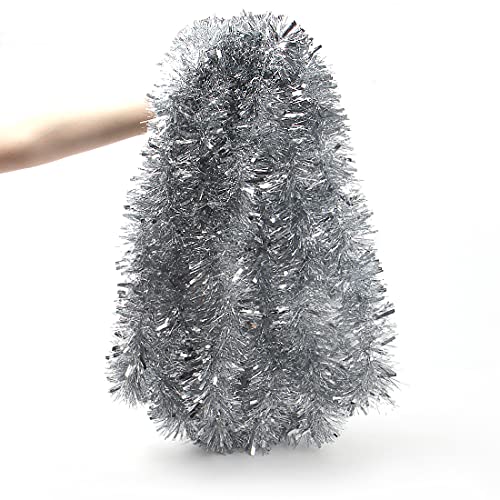 CCINEE DK217S1P1 Christmas Prelit Tinsel Garland 33ft Silver with 100 LED Lights