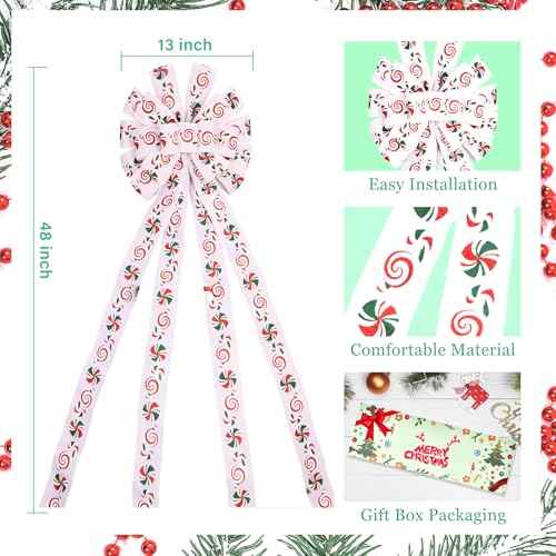 Christmas Tree Topper Christmas Wreath Bow 48x13 Inches Large White Christmas Toppers Bow with Candy Patterned Ribbon Glitter Satin Streamers for Xmas Tree Home Indoor Outdoor Decoration