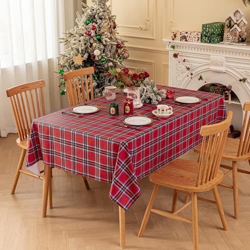 Romanstile Xmas Red Plaid Vinyl Tablecloth 54 x 78 Inches Rectangle - Waterproof Holiday Table Cover