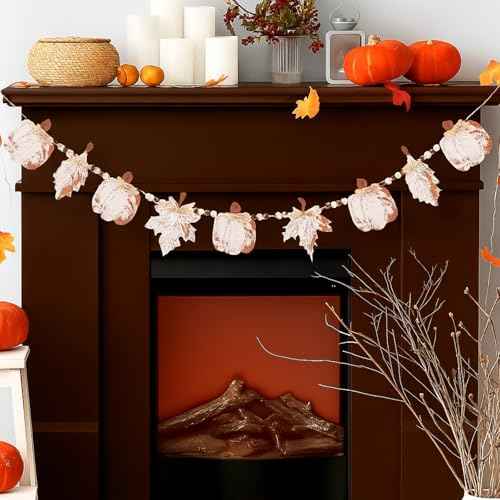 6.9 ft Fall Garland Wood Bead Banner with Pumpkin and Maple Leaves Thanksgiving Hanging Decorations for Farmhouse Home Wall Fireplace Autumn Halloween Birthday Baby Shower Party
