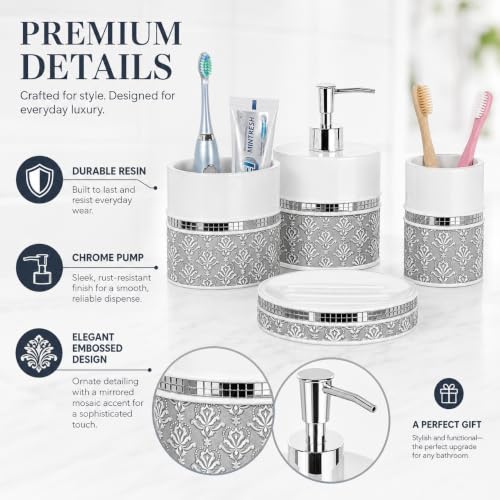 Resin Bathroom Accessories Set with Mirror Damask Design - 6 Pieces