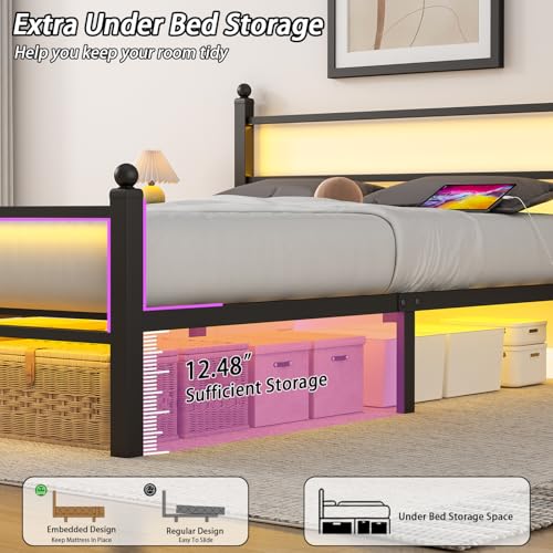 Full Size Bed Frame with Headboard & Footboard Black Metal Platform with LED & USB