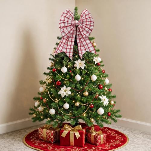 VATIN Red White Gingham Wired Ribbon 4" x 10yd - Christmas Tree & Gift Ribbon - White & Dark Red