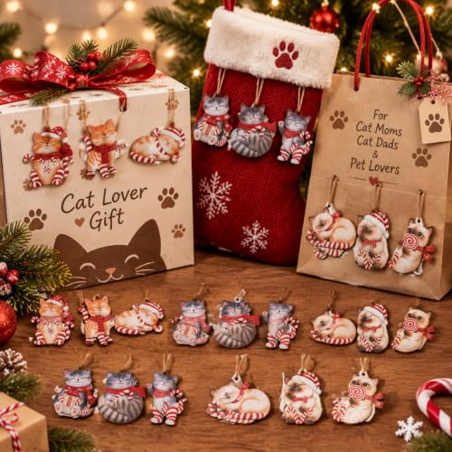 Conelist Cat Christmas Ornaments - 27 Pack Holiday Cat Decorations with Candy Cane, Santa Hat & Winter Designs