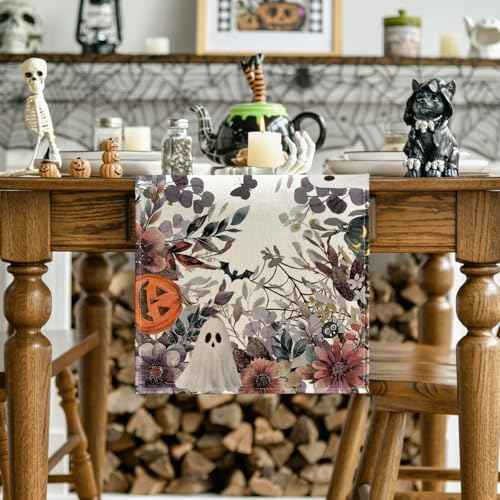 Artoid Mode Jack-O'-Lantern Pumpkin Floral Ghost Halloween Table Runner, Eucalyptus Kitchen Dining Table Decoration for Home Party Decor 13x72 Inch