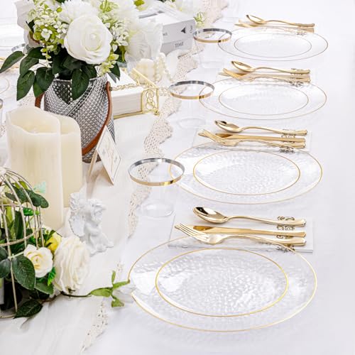 Clear Gold Plastic Dinnerware Set for 25 Guests - Hammered Plates & Cutlery