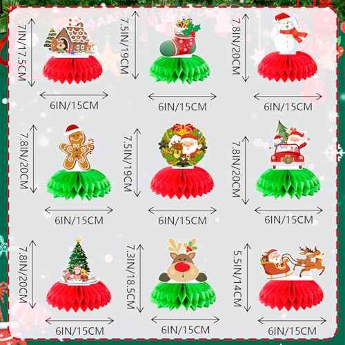9 Pcs Christmas Honeycomb Centerpieces, Red and Green Honeycomb Centerpieces Santa Claus Snowman Elk Table Center Decorations for Merry Christmas Party Decorations Indoor Outdor