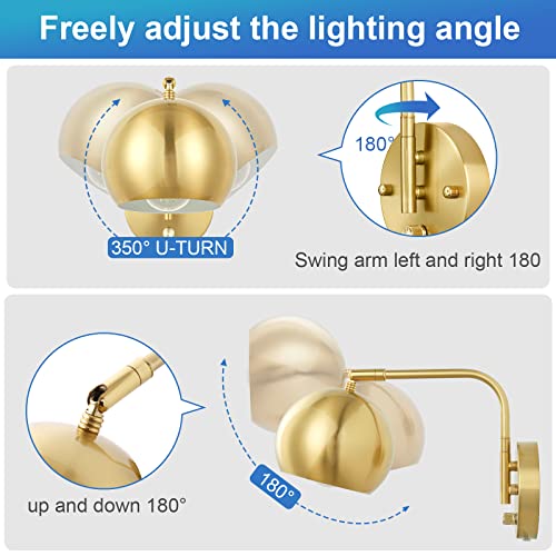 VATONI 2 Pack Gold Dimmable Wall Sconces with Plug-in Cord & Knob Switch, Swing Arm, Globe Lights for Bedroom Hallway