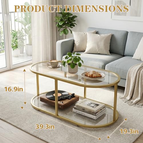 Gold 2-Tier Oval Coffee Table - Modern Glass & Metal Living Room Accent