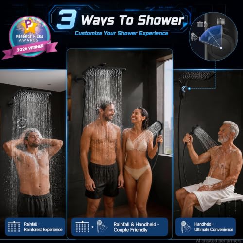 Matte Black 12-Inch Rain Shower Head with Handheld & Magnetic Mount - High Pressure, Dual Mode