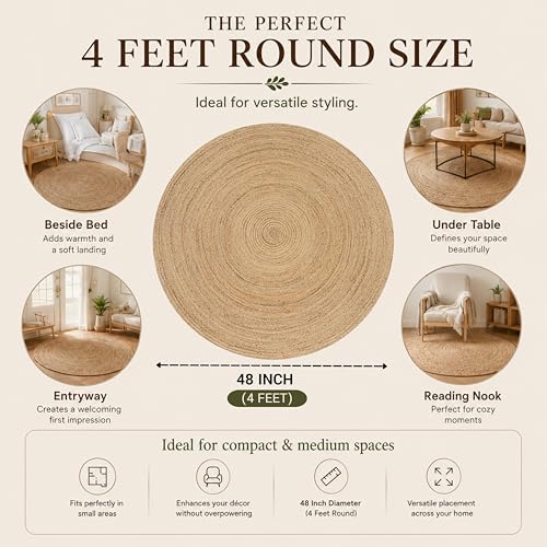 Natural Jute Braided Area Rug - 4 Feet Round, Farmhouse & Coastal Style