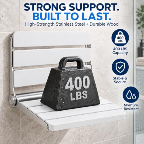 White 16-Inch Wall-Mounted Foldable Shower Seat - Teak Bench for Small Shower