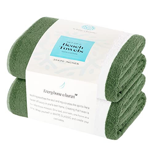 Oversized Beach Towels 2 Pack - Khaki Green White Classic Stripe 35x70