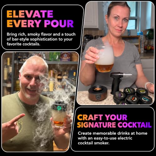 Black Electric Whiskey Smoker Kit with Torch - Infuse Rich Flavors, 6 Wood Chips, Gift for Whiskey Lovers