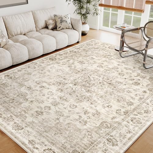 7x9 Beige Low Pile Area Rug - Neutral Vintage Floral Design, Machine Washable