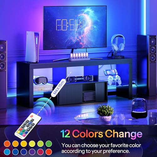 LED TV Stand for 60 Inch TVs with Storage & Multi-Color LED Lighting - Black