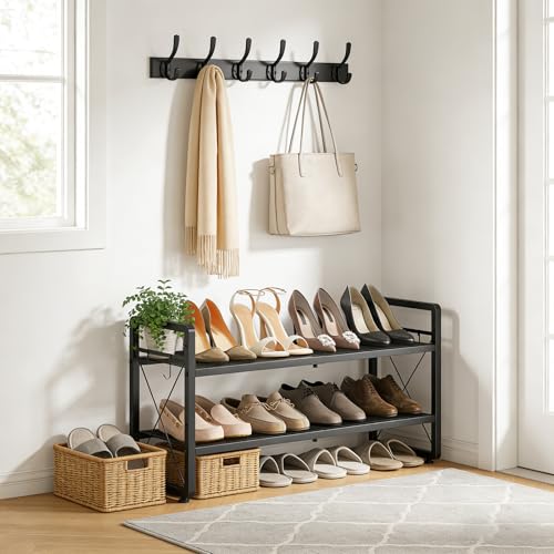 Black Expandable 2-Tier Metal Shoe Rack, Adjustable Closet Organizer