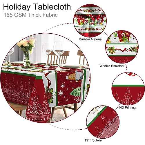 Christmas Tablecloth for Rectangle Table, Merry Christmas Tree Snowman Table Cloth 60 x 104 with Poinsettia Holiday Washable Table Cover for Dining Room Kitchen Decorations