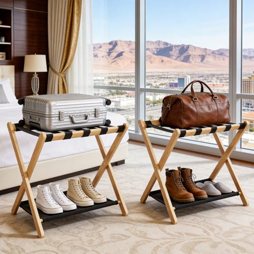 Natural Wood Luggage Rack Set of 2 - 26.77 Inch Suitcase Stands for Guest Room