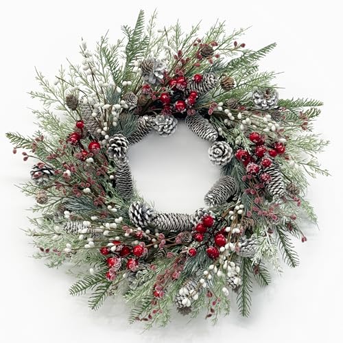 Jobflower 24 Inch Christmas Wreath with Natural Pine Cones, Red Berries & Berry Variant, Indoor Outdoor Holiday Decor